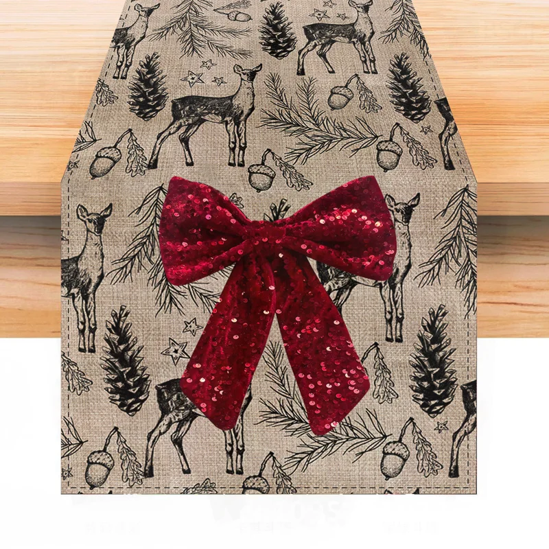 

Рождественский чулок с бантиком и принтом оленя, скатерть, юбка в виде елки, крышка для бутылки вина, украшения - праздничные аксессуары для дома