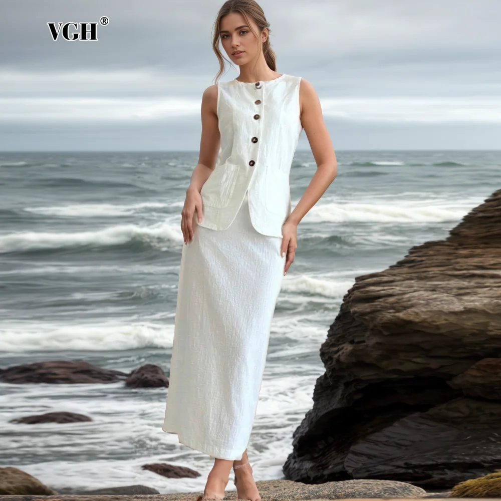 

VGH Solid Elegant Two Piece Sets For Women Square Collar Sleeveless Spliced Button Vests High Waist Split Skirts Slim Set Female