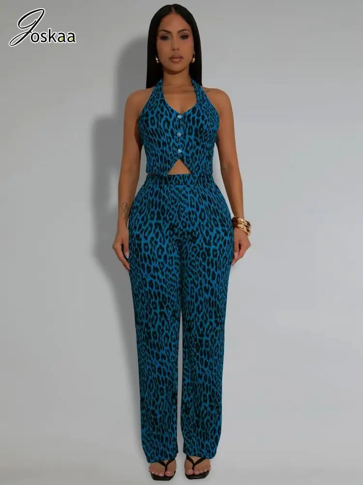 

Joskaa 2025 Women's Leopard Print 2 Piece Set Sexy Backless Halter Tank Top and Straight Leg Pants Matching Y2K Streetwear