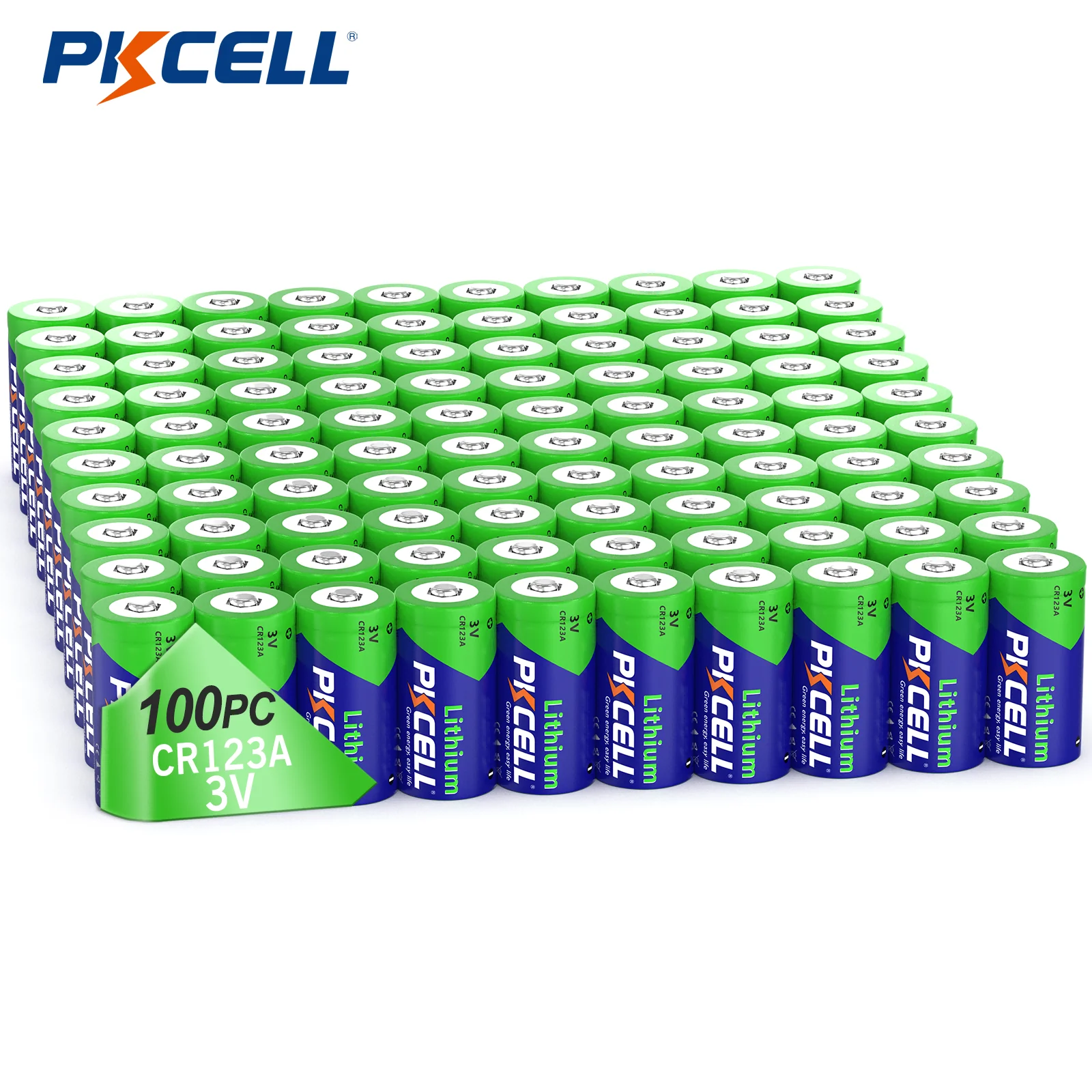 PKCELL 100PCS CR123A 3V Lithium Battery Non-Rechargeable Pilas Batteries for Home Security Sensor Motion Sensor Door Lock