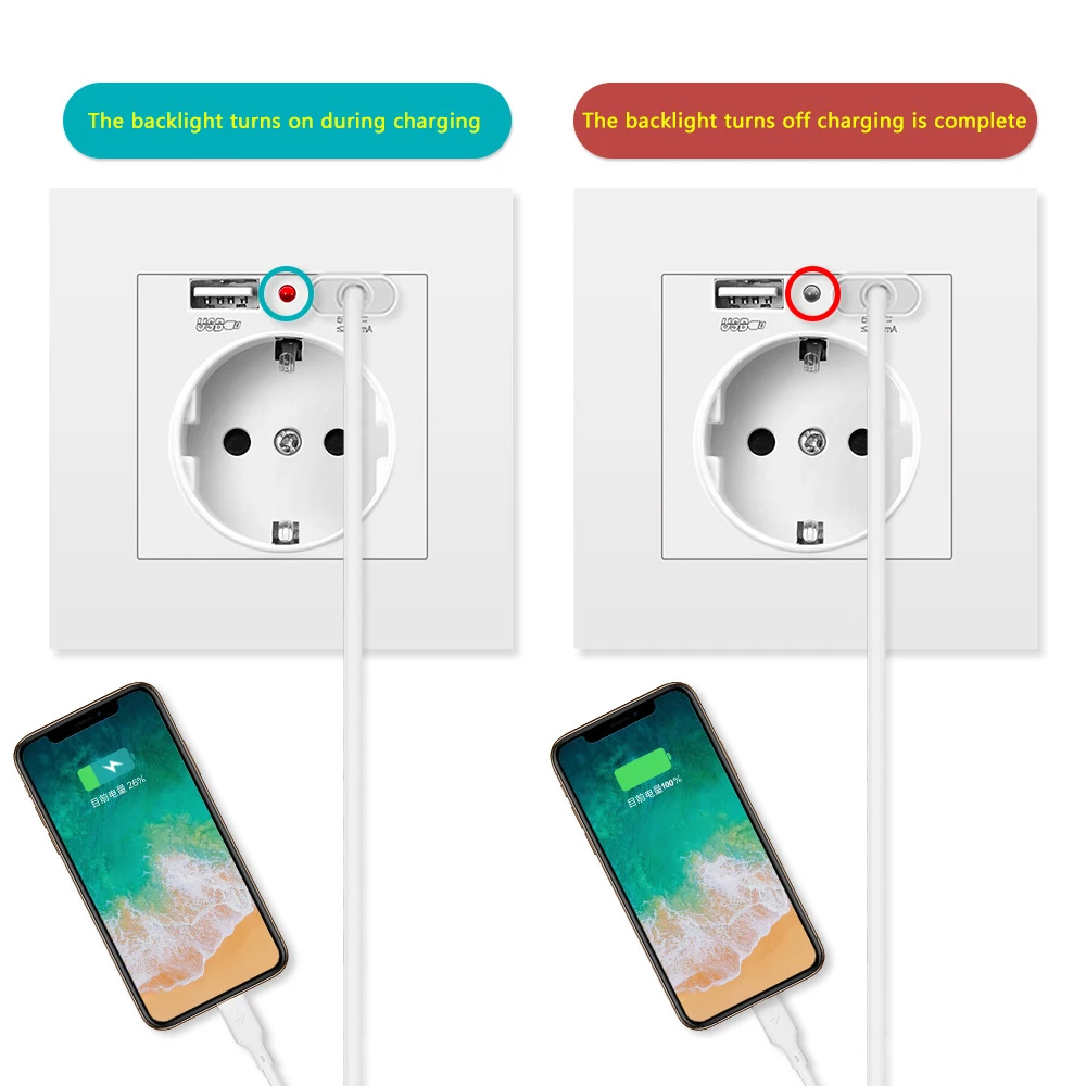 BSEED Double USB Wall Sockets Dual Power Charge Outlets Black Golden White Panel 86mm 5V 1.1A with Led Light