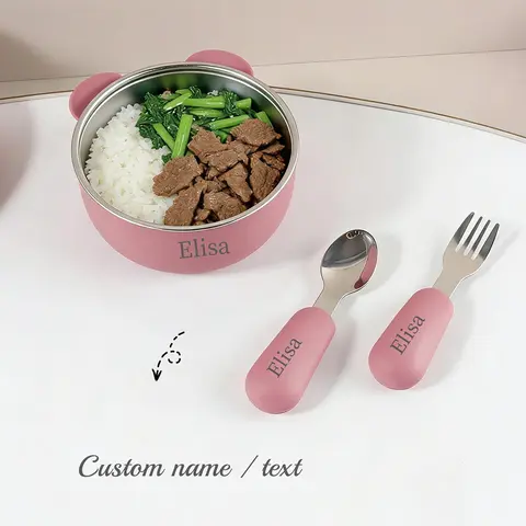 Custom Name Baby Bowl Spoon Fork Set Cute Bear Silicone Suction Bowl Base Baby Silicone 3pcs Set Stainless Steel