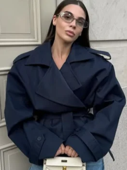 Women Lapel V-neck Belt Trench Coat Lace Up Button Full Sleeve Short Thin Windbreak 2026 Lady New Fashion Daily Street Outerwear 6