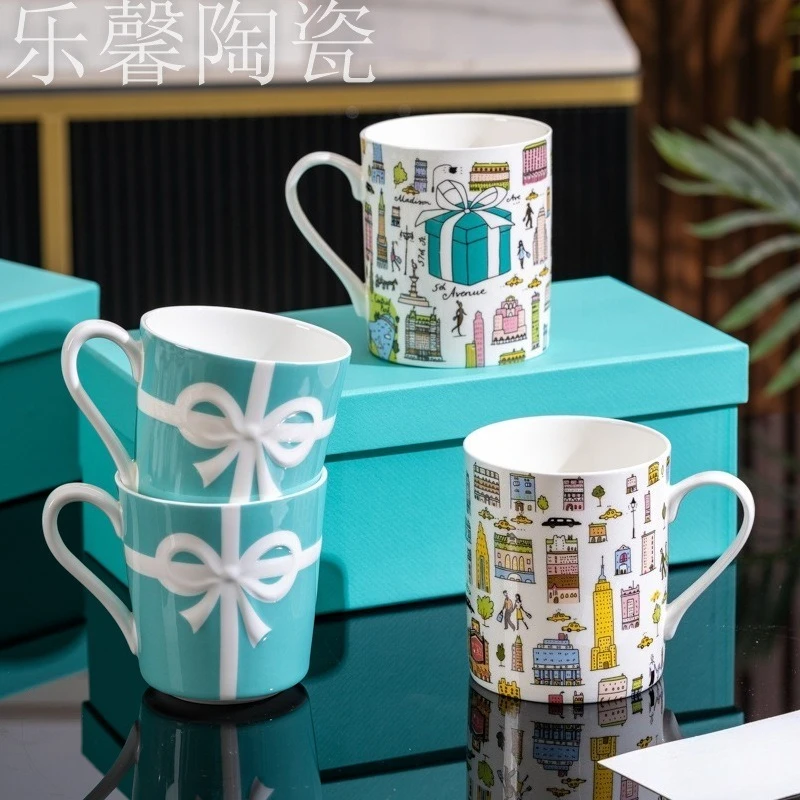 

Classic Blue Urban Life Pattern High Bone China Cup Saucer Milk Coffee Cup Gift Box Design for Housewarming Gift