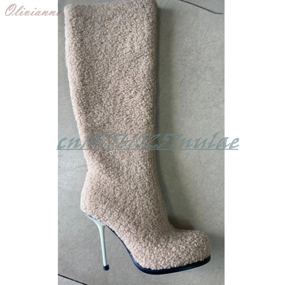 

Beige Lambswool Design Mid Calf Boots Elegant Stiletto High Heel Hot Girls Fashion Party 2025 Autumn Women Shoes Para Mujere