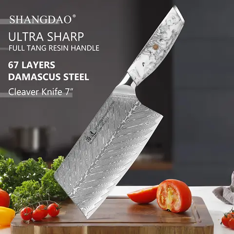 SHANGDAO 7" Meat Cleaver Knife, Professional Chinese Chef Knife, Forged Damascus Steel with Ink and Wash Resin Handle -Full Tang