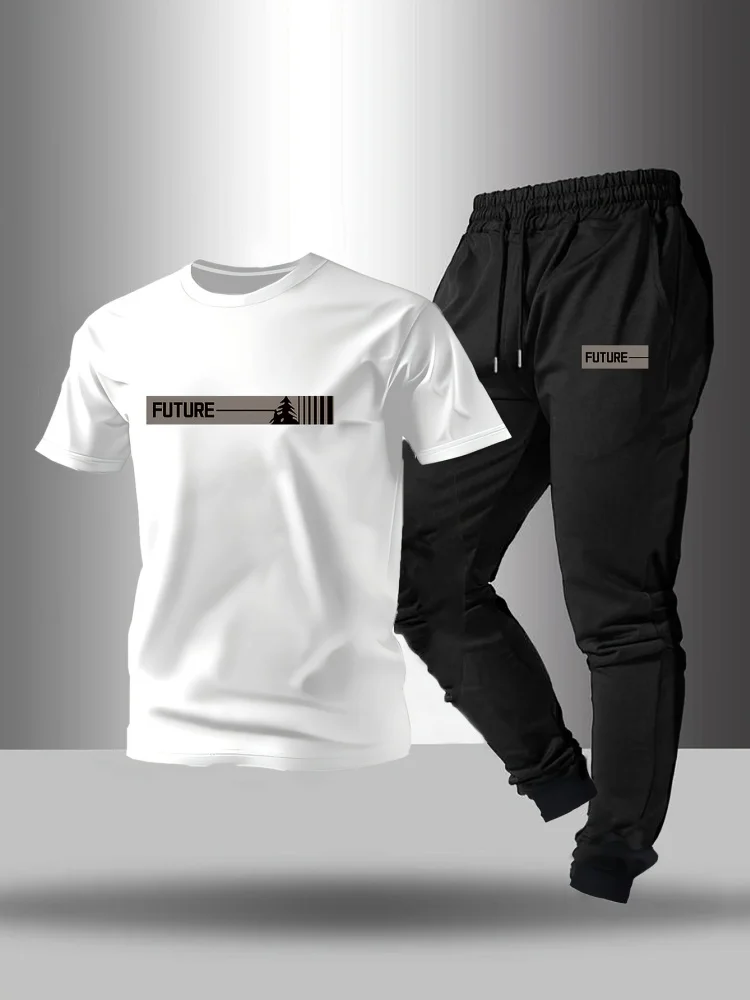 

Летний мужской модный комплект 2025 года, модная футболка с буквенным принтом и брюки, повседневный комплект из двух предметов для занятий спортом на открытом воздухе, стандартный крой