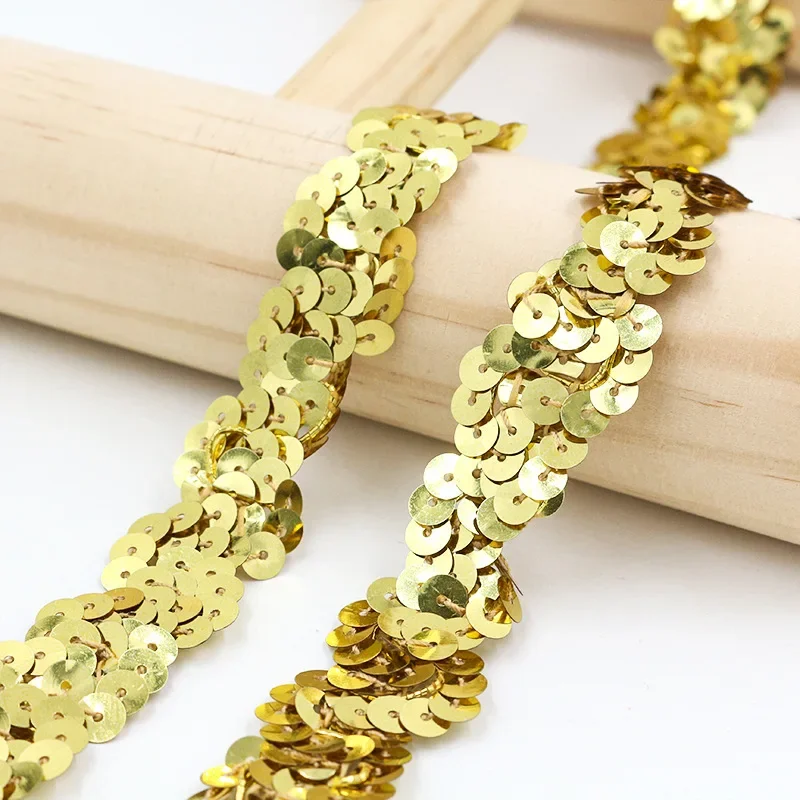 5yards Gold Golden Wave Sequins Lace Ribbon 2cm Width PET 6mm Paillettes Beads Lace Trims Braided DIY Garment Accessories