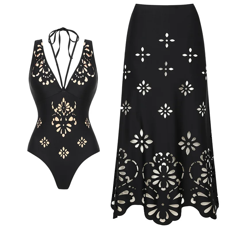 Women's Black Laser Hollow High-Quality Swimsuit Maxi Dress Skirt Beach Vacation Style Swimwear