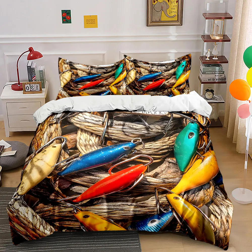 Colorful fishing lures on woven rope Duvet Cover Set with 3D Printing Design Soft Polyester Bedding Set All-Season Comfort