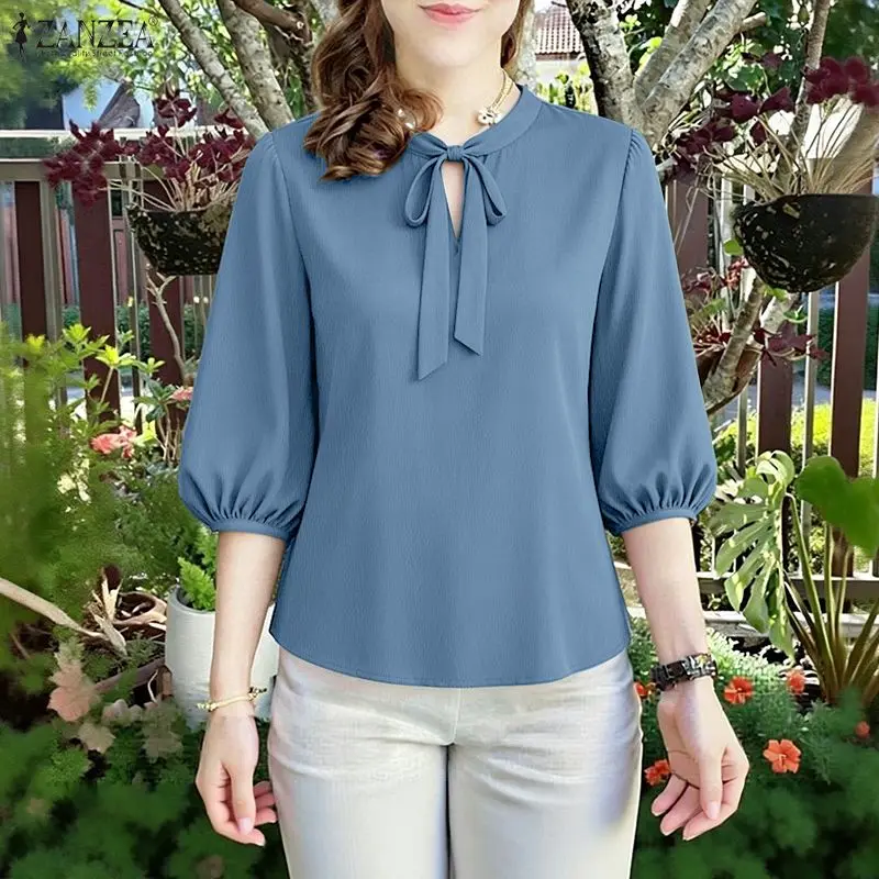 

ZANZEA Летняя однотонная блузка 2026: Стильный женский топ с круглым вырезом, коротким рукавом, элегантная офисная рубашка оверсайз