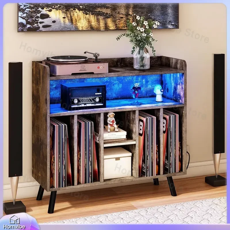 for Phono Stand with Power Outlet and LED Light Vinyl Record Storage Table CD Rack