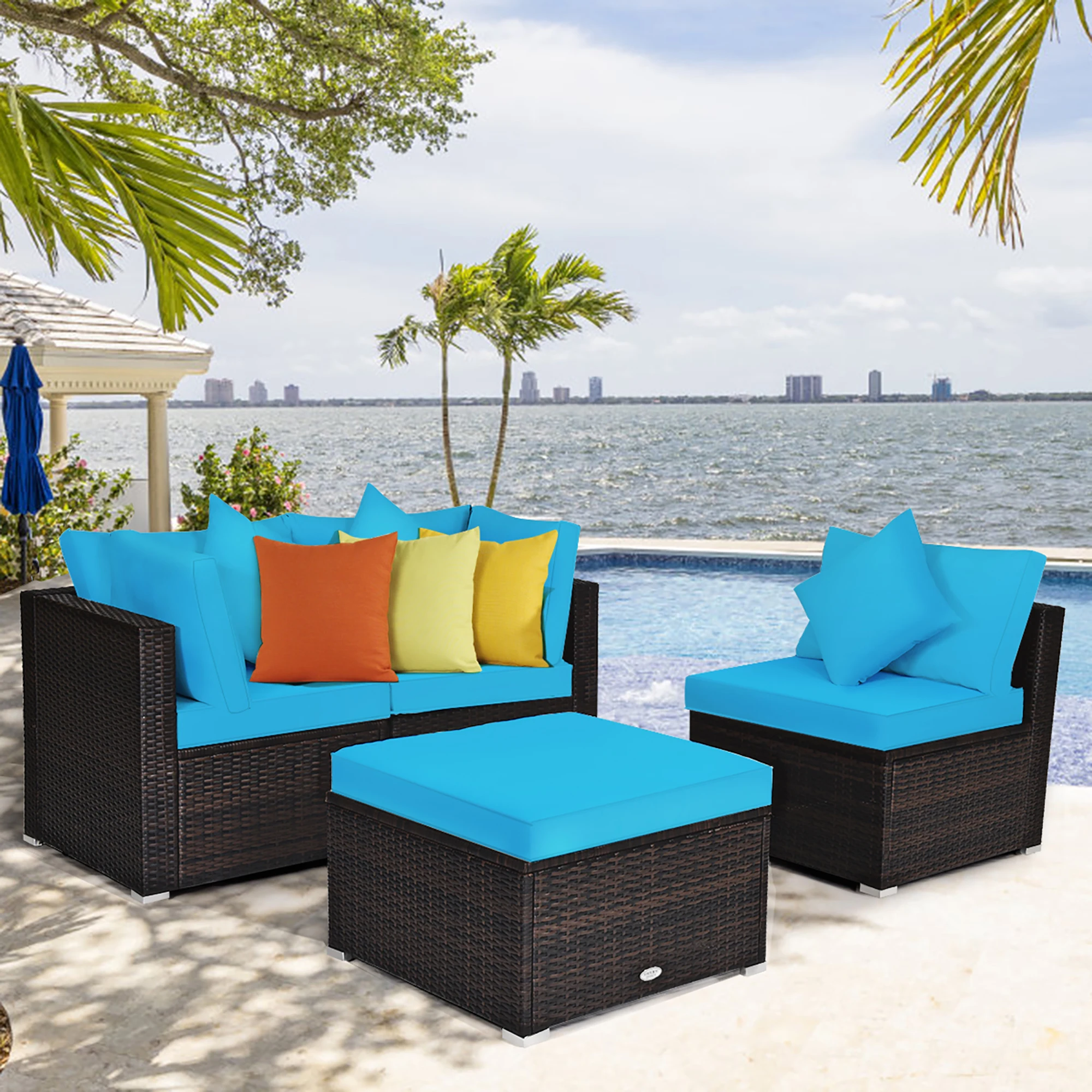 

4PCS Patio Rattan Wicker Furniture Set Cushioned Sofa Ottoman Garden Turquoise