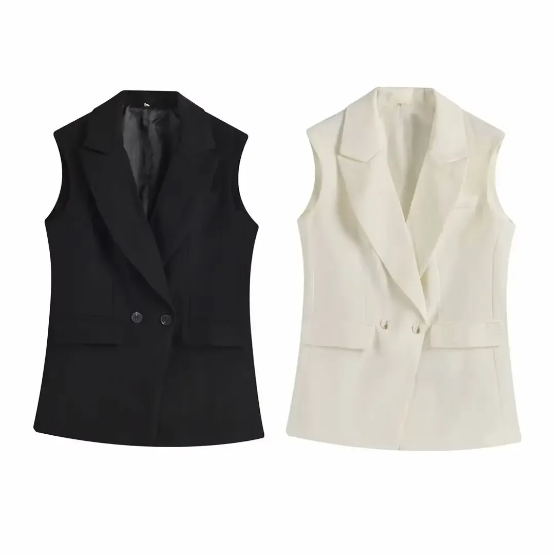 

Women's 2024 new fashion Flip decoration loose double breasted casual suit vest retro sleeveless women's vest chic top