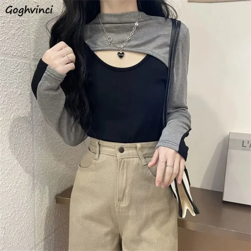 

T-shirts Women Hollow Out Female Retro Autumn Korean Style Patchwork Inside Streetwear Ins Cool Elegant Club Wear Soft Camisetas