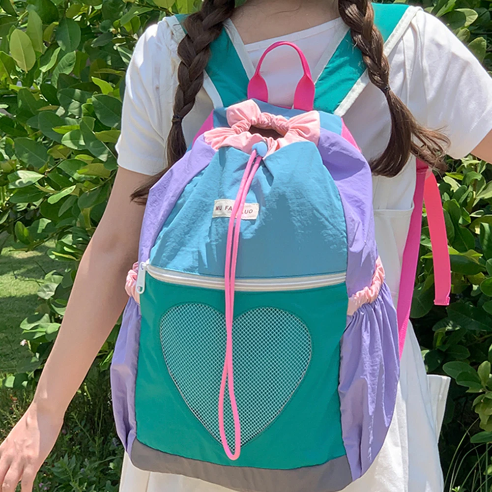 Mädchen Schul rucksack für Frauen Mädchen Farb block Laptop Rucksack Nylon Kordel zug verstellbarer Riemen Rucksack für die Reises chule