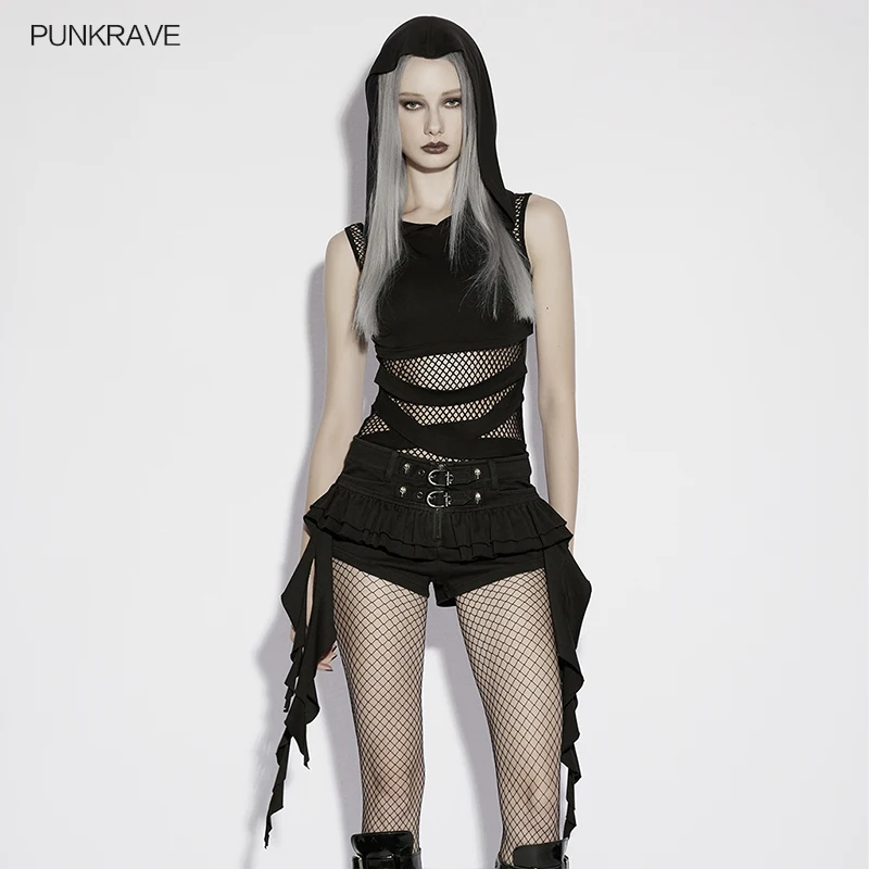 

PUNK RAVE Women's Punk Skirt-Shorts, Black Cotton Elastane Layered Ruffle Shorts with Tassels OK792