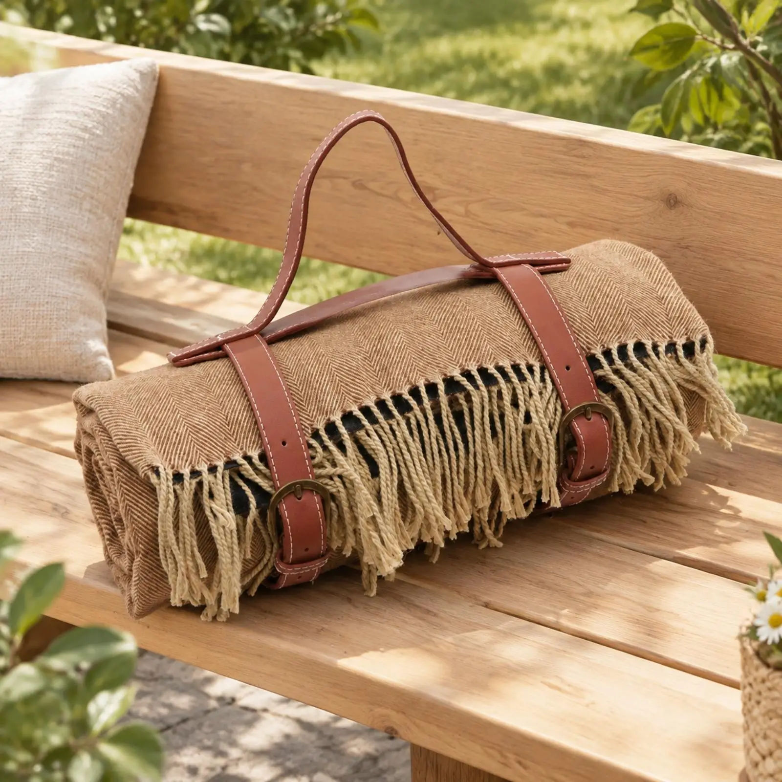 Outdoor Picnic Blanket Herringbone Woven Mat Portable Folding Ground Cover with Leather Straps for Camping Beach Park