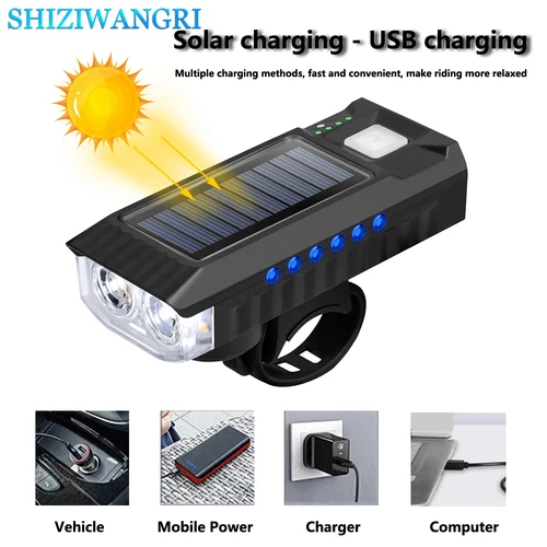 Imagen 2 del producto Luz Solar para bicicleta, pantalla de energía recargable por USB, lámpara frontal para bicicleta de montaña y carretera con bocina de 120dB, linterna, luces para bicicleta