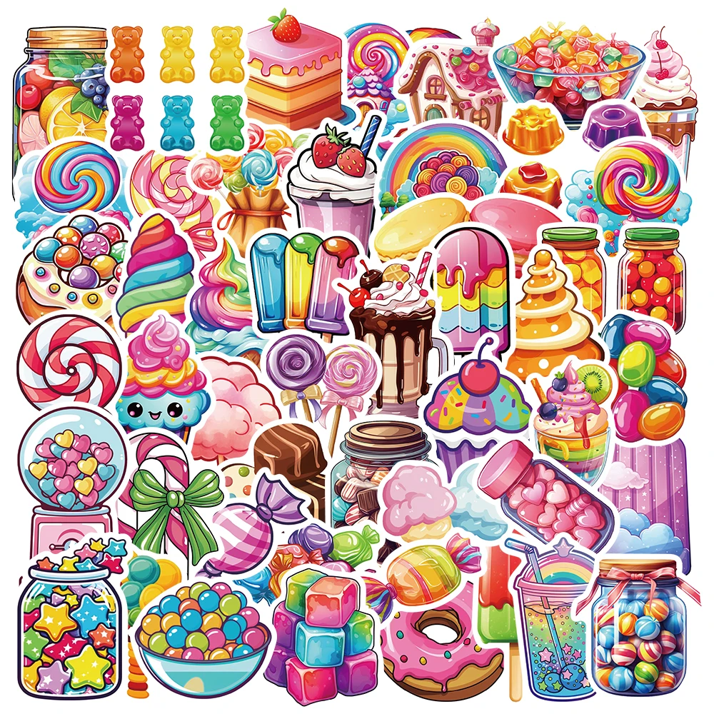 

50 шт. разноцветных наклеек с изображением конфет для украшения столов, книг, чехлов для телефонов, компьютеров. Креативные и забавные подарочные наклейки.