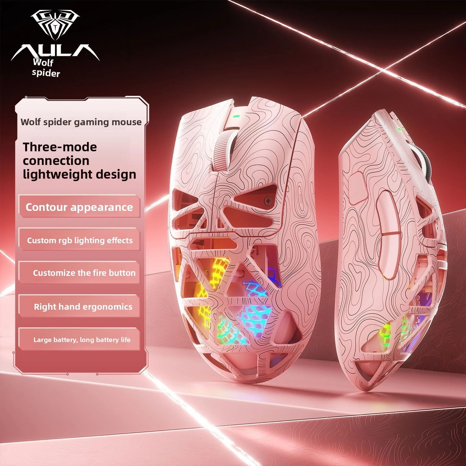 

Беспроводная игровая мышь AULA SC620 (белая) с Bluetooth, 2.4G и проводным подключением для офиса и ПК, с перфорированным дизайном, цвета: белый, розовый, черный