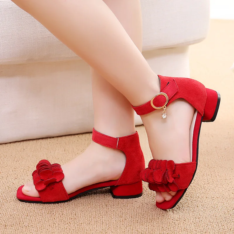 2023 Summer Girls Fashion Sandals Children Princess Flat Sandals Red Flowers Wedding Kids Dance Party Shoes Size 27-36