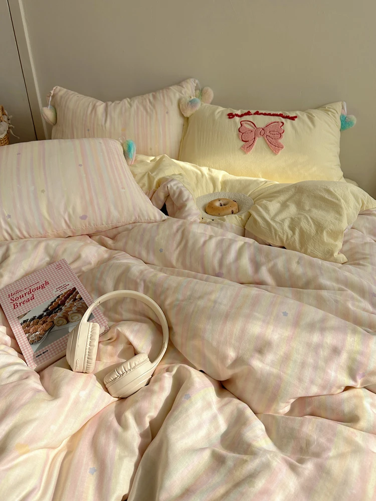 Korean Style Cotton Bedding Set Pure Cotton Double Layered Net Bed Sheet Bed Skirt Duvet Cover Pillowcase Soft Comfortable
