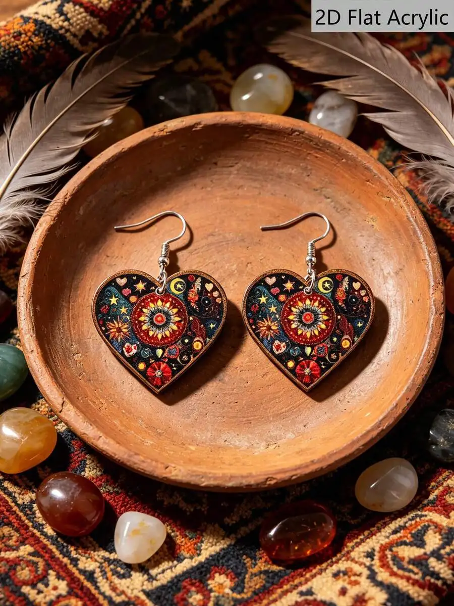 Bohemian Heart Shape Acrylic Earrings With Vintage Floral Pattern For Women