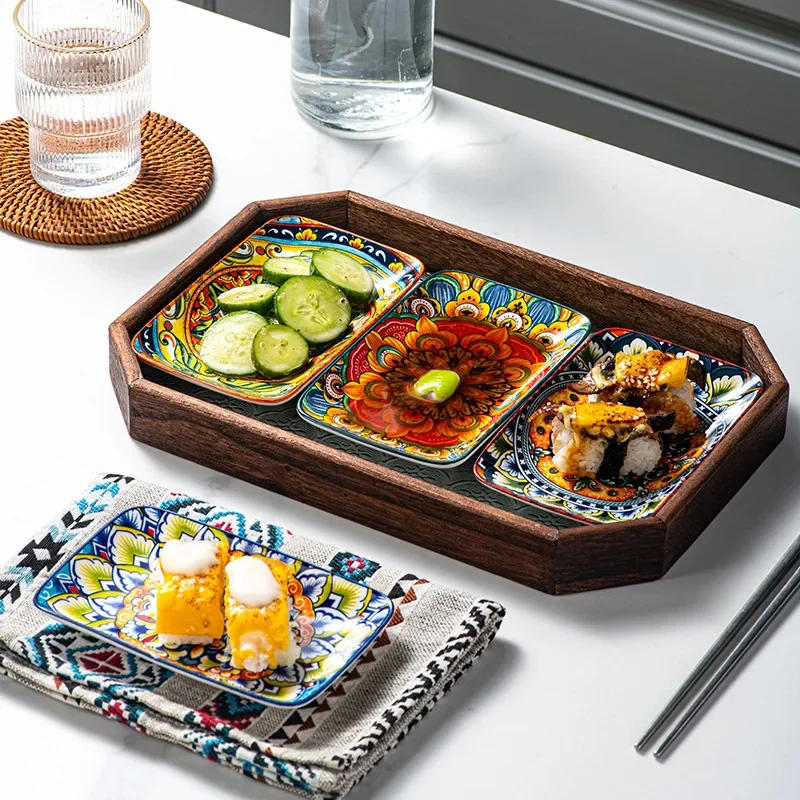 Rectangular Dish Tableware Set Plant Pattern Microwave Safe Underglaze Color Creative Sushi Dessert Plate Snack Dish