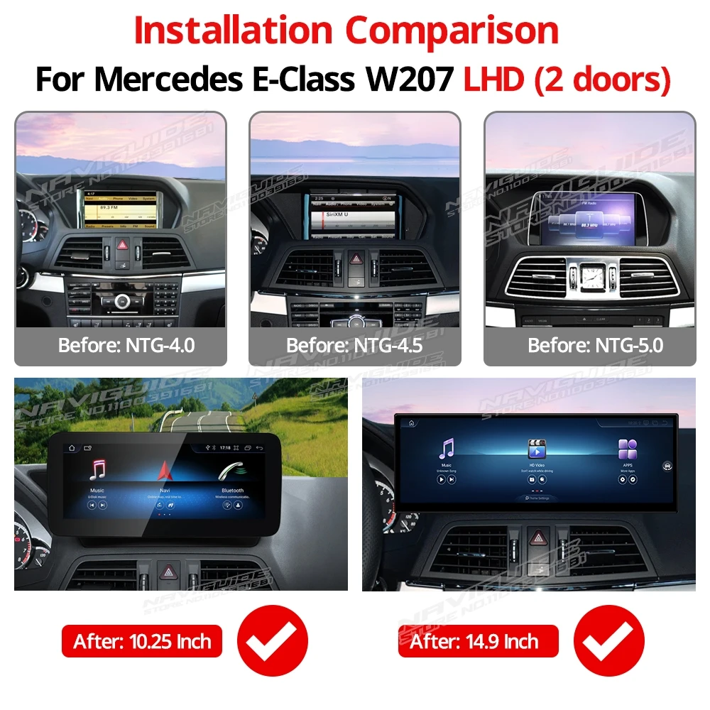 NAVIGUIDE 14.9'' Android 13 For Mercedes E Class W207 LHD 2010-2018 8G+128 GWireless Carplay Auto Multimedia Player GPS Headunit