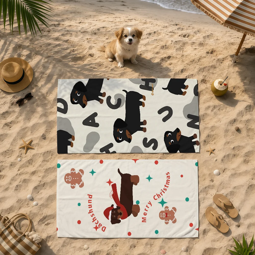 Cute Cartoon Dachshund Puppy Art Dog Towel Beach Bath Quick-Drying Lightweight Portable Sauna Camping Swim Pool Travel