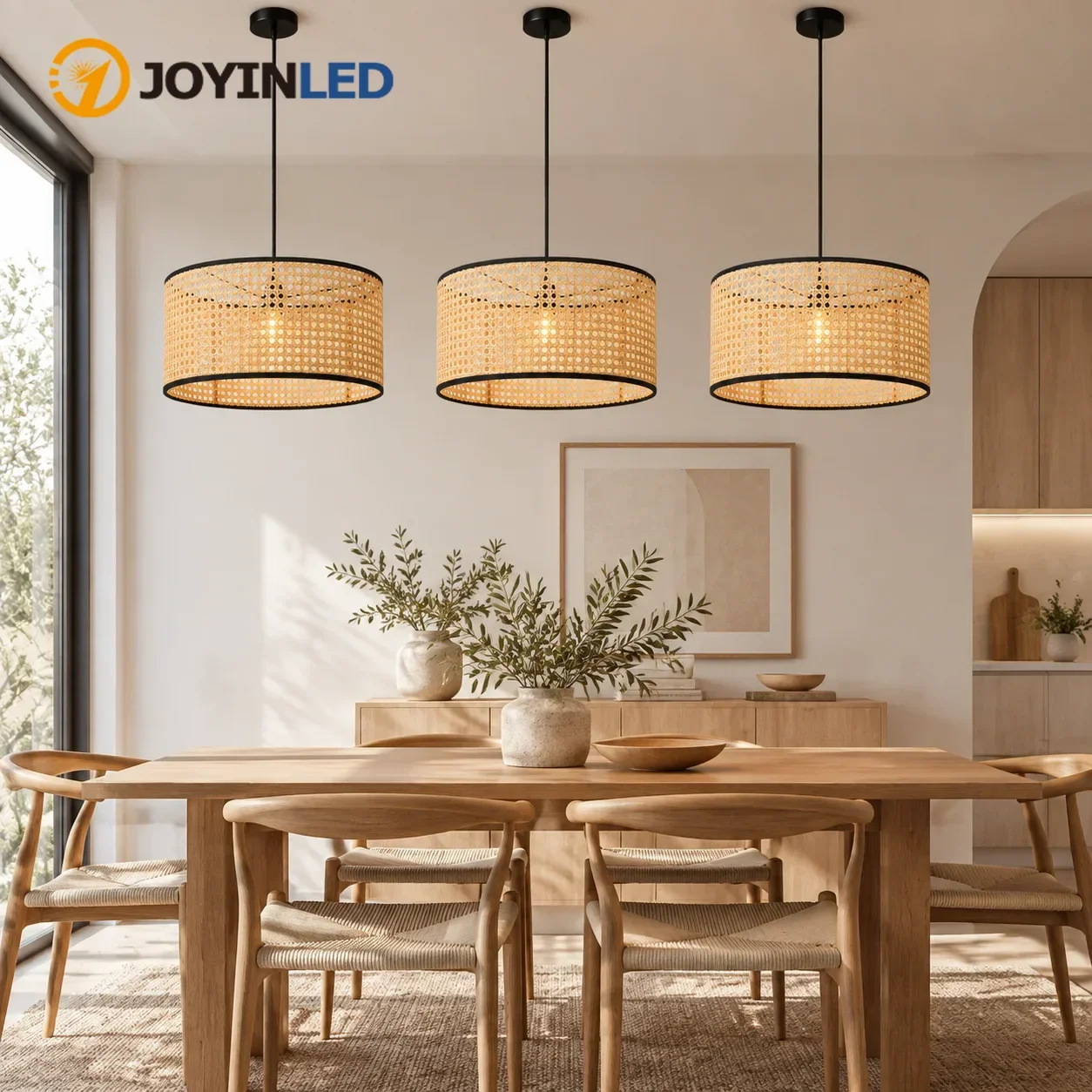 JOYINLED Rattan Chandelier Hand Woven Boho Ceiling Light Wicker Pendant Fixture for Dining Room Bedroom Living Room Kitchen 40CM
