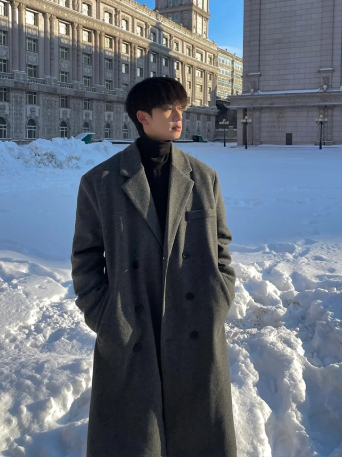 

Deep Grey Men's Woolen Coat Autumn Winter Thickened Medium Length Windbreaker High End Feeling Korean Style Fashionable Outer...