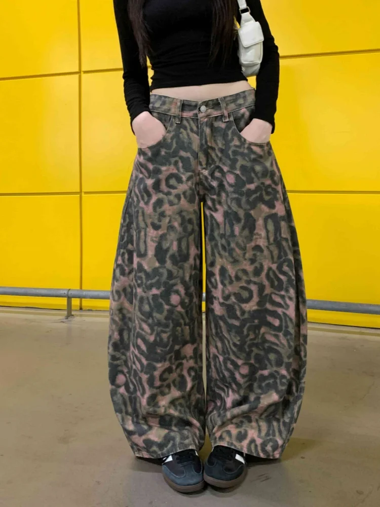 2026 American Retro Y2K Style Washed Leopard Baggy Women's Jeans Pants For Woman Clothing Wide Leg Long Trousers Pantalon Femme