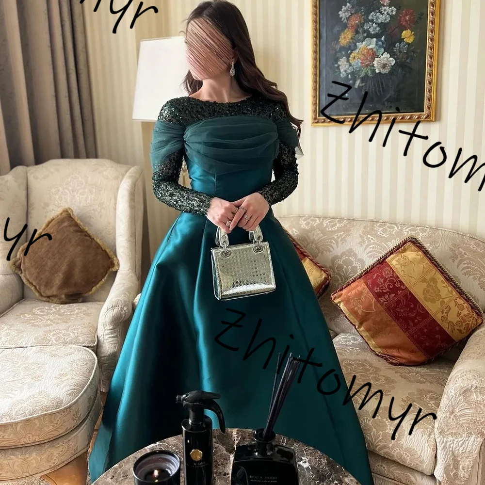 Jiayigong Simple Crew A-line Evening Dress Sequined See-Through Full Sleeves Formal Dress Ankle Length Beading Party Gowns