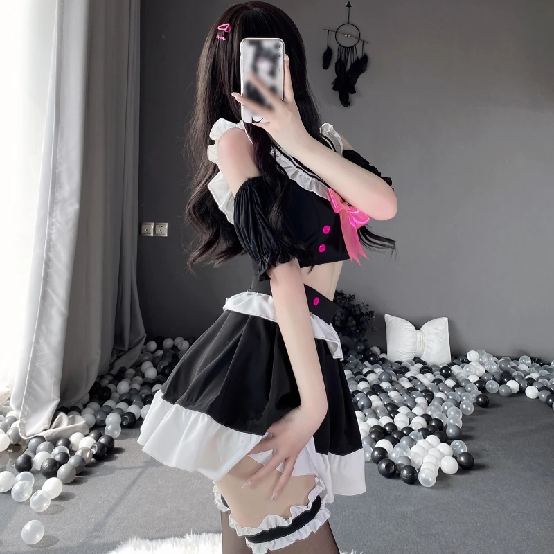 فستان خادمة لطيف لوليتا أزياء تنكرية ملابس داخلية مثيرة مغرية بفيونكة وعقدة مع تنورة صغيرة زي نسائي مثير #3