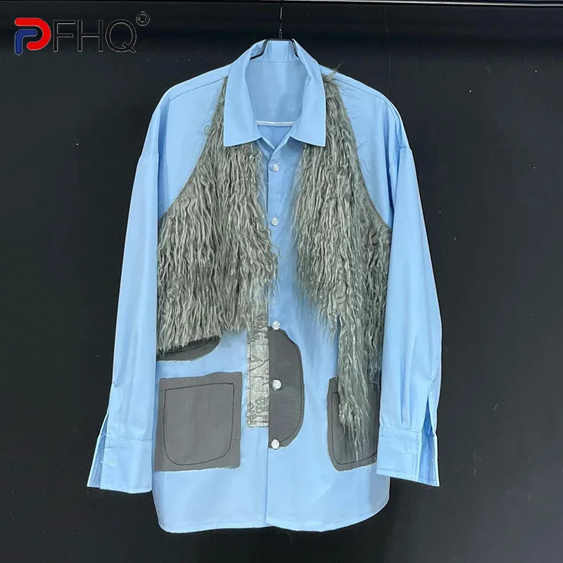 

PFHQ 2024 Autumn New Long Sleeve Blue Shirt Spring Design 2024 Patchwork Male Tops Korea Fashion contrast color