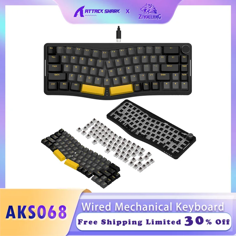 

ZIYOULANG x ATTACK SHARK AKS068 Wired Mechanical Gaming Keyboard 65% Alice Layout Hot-swapped Gasket Mount with RGB Backlit