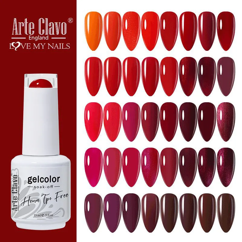 Arte Clavo Red Color Series Nail Polish UV Soak Off Varnish 15ml Manicure Nail Art Long-lasting Hema Tpo Free Gel Nail Polish