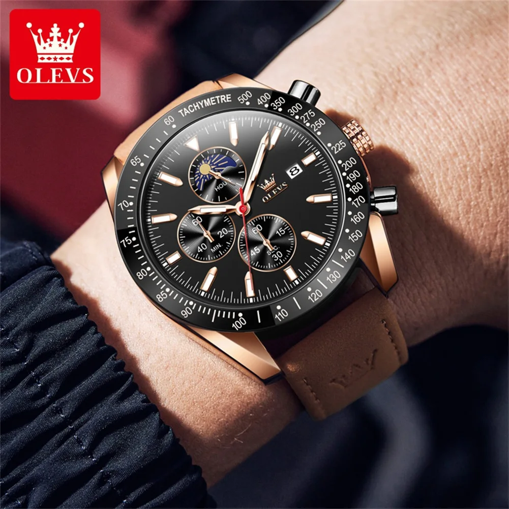 OLEVS 9980 faza księżyca męski Quartz zegarek na rękę chronograf oryginalny skórzany zegarek kalendarz wodoodporny 44mm duża tarcza zegarek dla mężczyzn