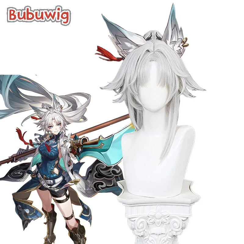 Bubuwig Kunsthaar Feixiao Cosplay Perücken Honkai: Star Rail Feixiao 100 cm Silber Weiß Gemischt Grün Pferdeschwanz Perücke Hitzebeständig