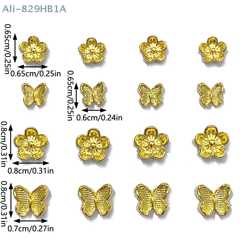 10 Uds. De decoración de uñas de flor de mariposa 3D dorada, accesorio de aleación dorada galvanizada para uñas, taladro artístico para uñas DIY