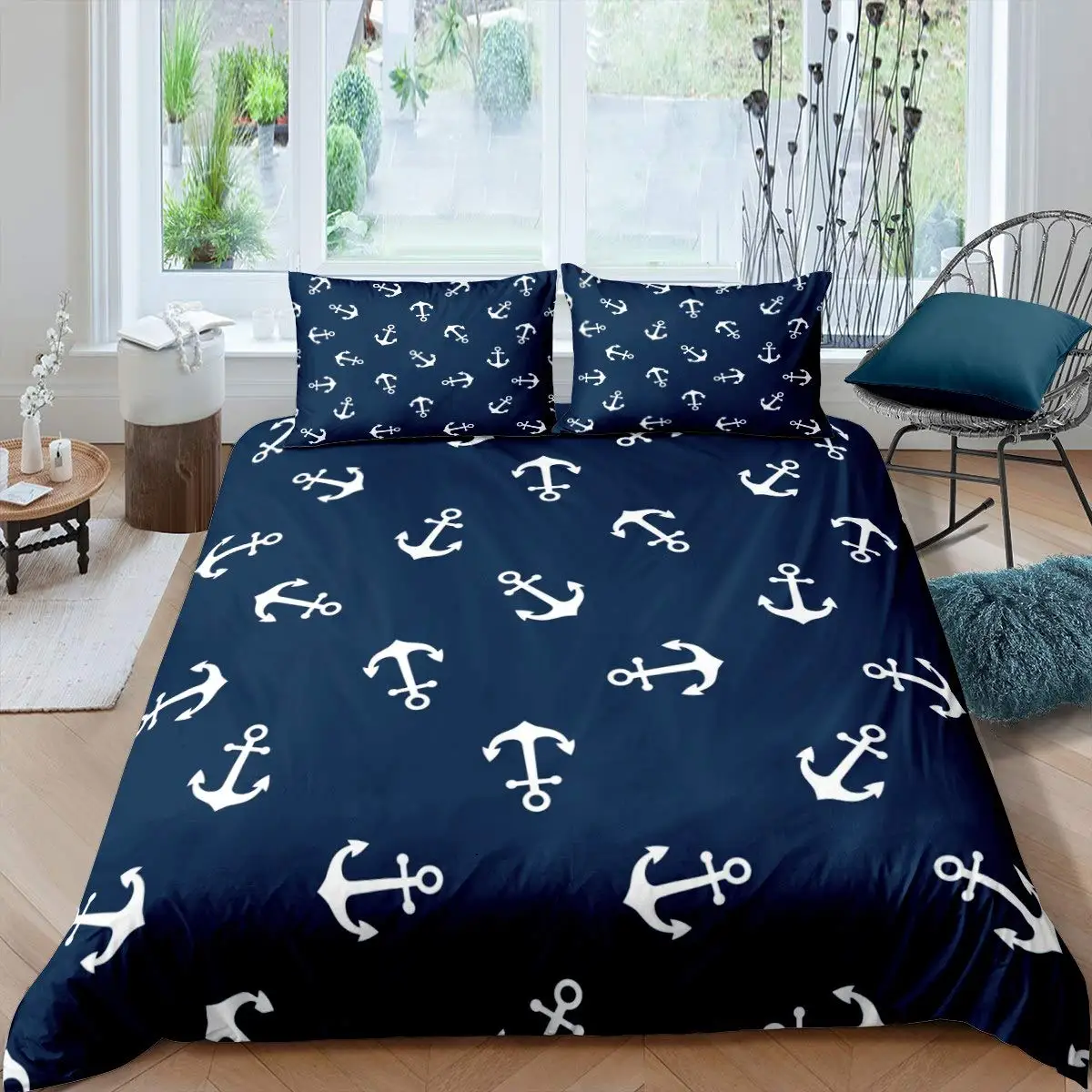 Anchor Duvet Cover Set Nautical Theme Queen King Bedding Set Boys Girls Teens Sea World Ocean Comforter Cover Set Bedroom Decor