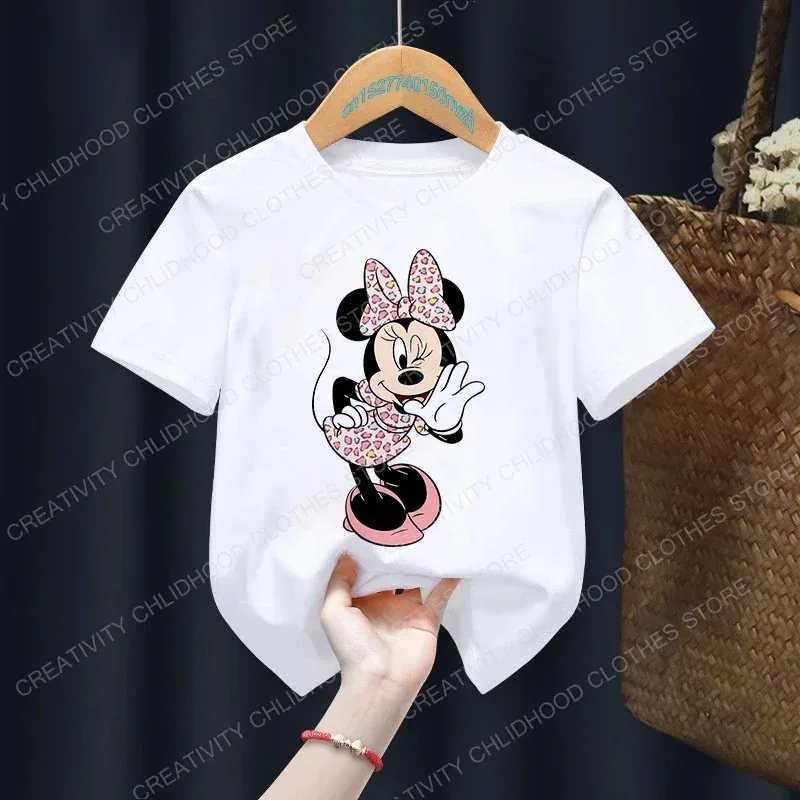 Minnie Children T-shirt Kawaii Disney T Shirt Floral Mickey Mouse Anime Cartoon Casual Clothes Kid Girl Boy Short Sleeve Top Tee