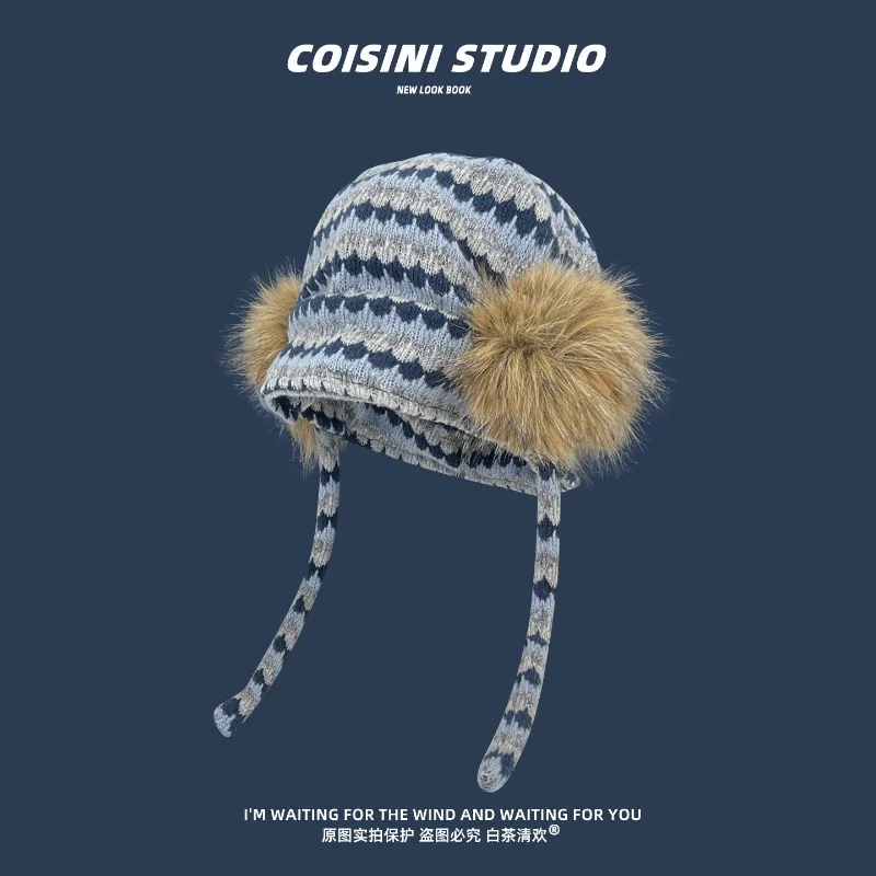 Korean Gradient Knitted Plush Earmuffs Ear Protection Hats for Women Autumn and Winter Cycling Warm Lace-up Pullover Beanie Caps