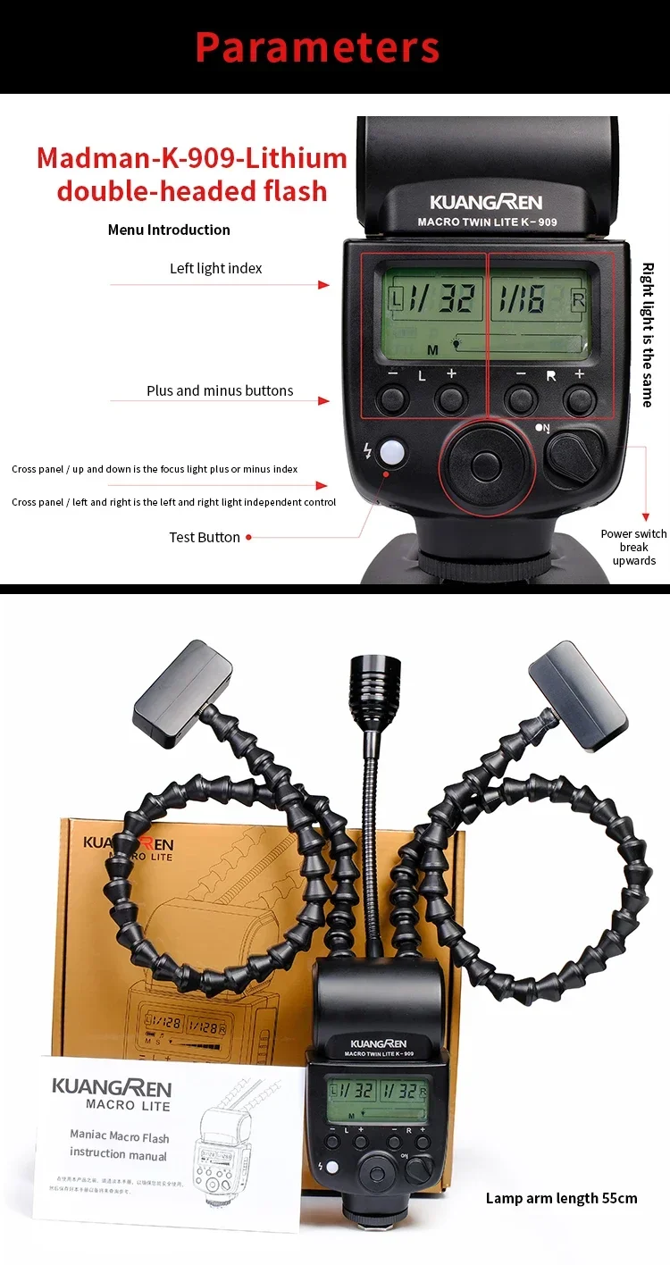 2025 رائجة البيع KUANGREN KR-909 ماكرو ضوء فلاش التوأم رئيس Speedlite لايت ل Laowa DSLR ضوء فلاش خارجي Twin Lite Flash