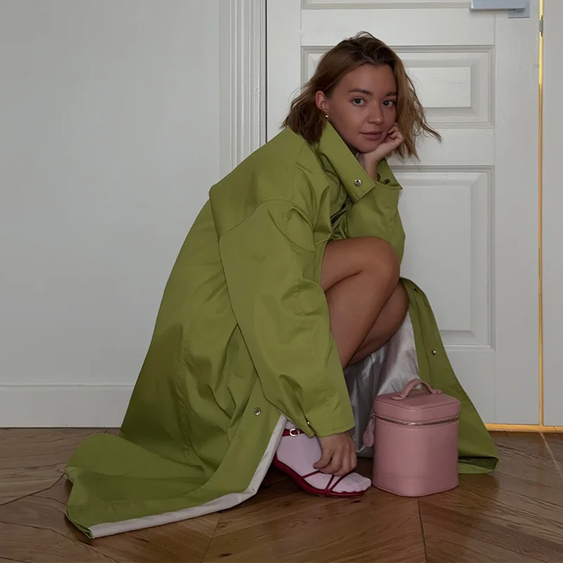 Damen Lange Jacken mit Stehkragen, Einreihige Oversize-Trenchcoats, Street-Style Damenmantel mit Langen Ärmeln, Einfarbig und Locker Geschnitten, Neue Oberbekleidung – Detail 28