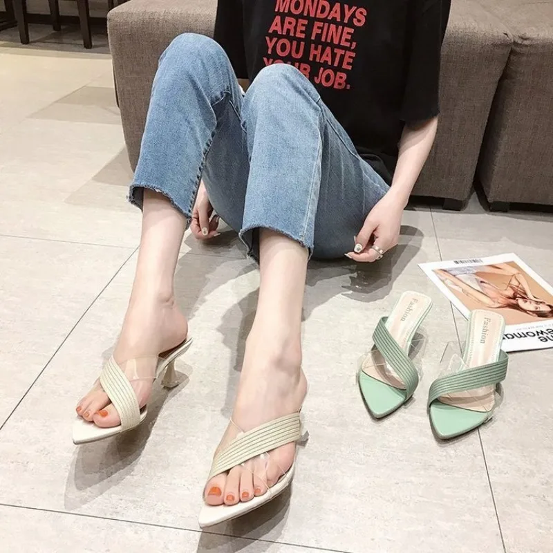 Summer Women Yellow Green Beige Pumps Sandals For Ladies Sexy Mules High Heels Slip-on Slippers Slides Shoes New 2024