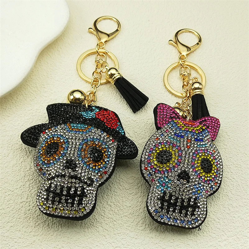 Gothic Dark Skull Couple Keyring For Women Men Crystal Black Color Dark Skeleton Fashion Keychain Jewelry Mexican Dead Day Gifts