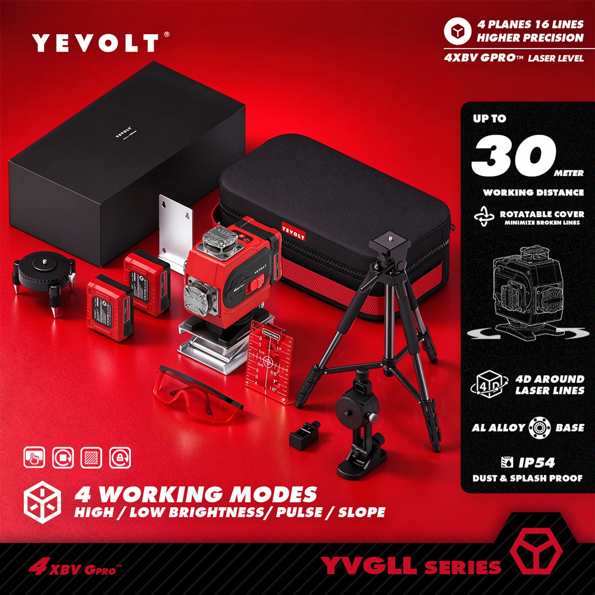 YEVOLT Rotes Laser-Nivelliergerät 4-Ebenen 16-Linien Selbstnivellierend 360 4D Elektrowerkzeug Messgerät Haushalt DIY-Tool Fliesen-Wand-Ausrichtung